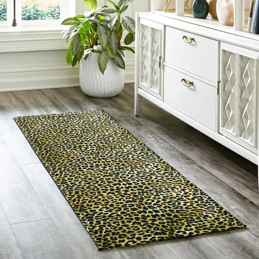 Black and Gold Leopard Print Shag Handmade Non Skid Runner Rug Photo 1