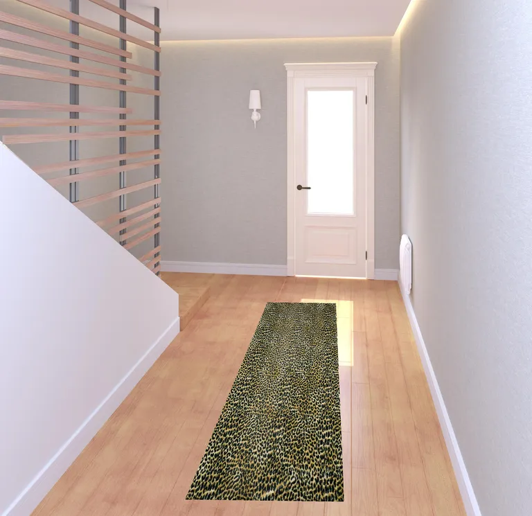 Black and Gold Leopard Print Shag Handmade Non Skid Runner Rug Photo 2