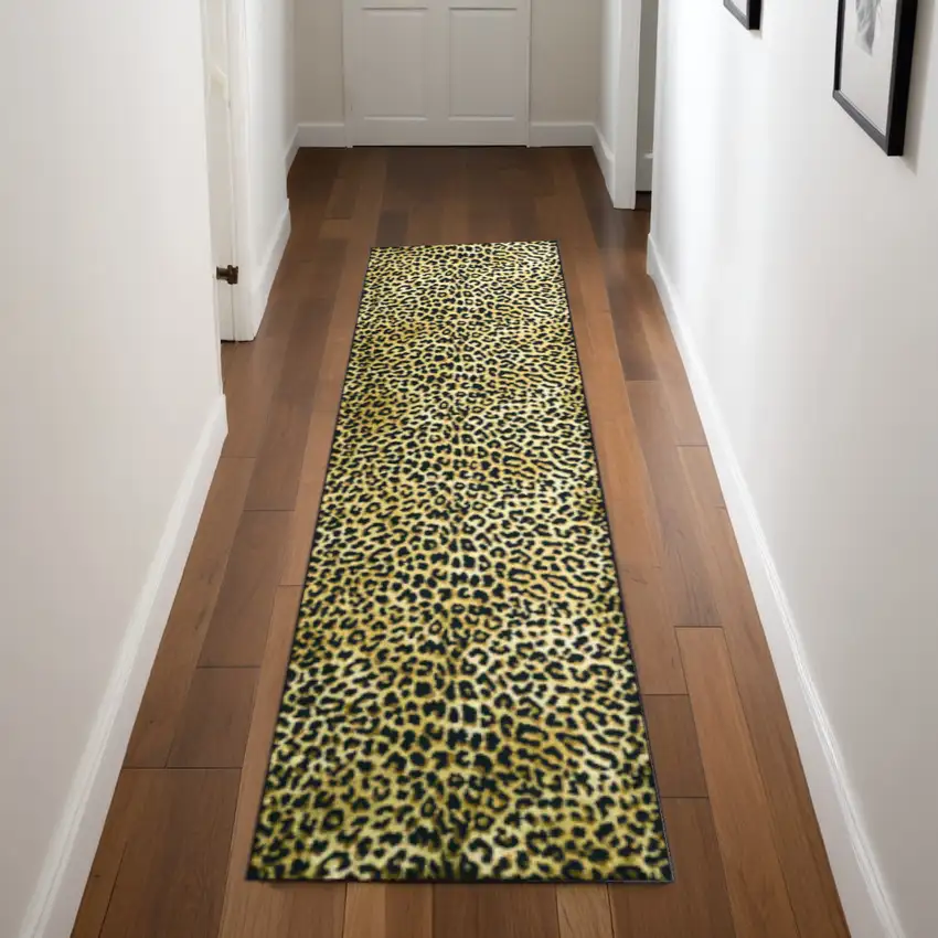 2' X 8' Black and Gold Leopard Print Shag Handmade Non Skid Runner Rug Photo 2