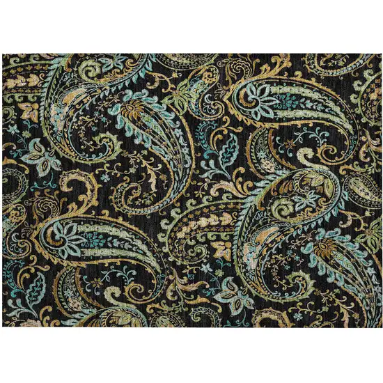 Black and Gold Paisley Washable Non Skid Indoor Outdoor Area Rug Photo 2