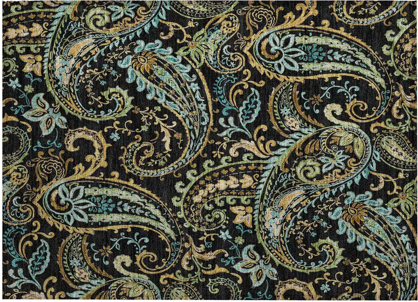 Black and Gold Paisley Washable Non Skid Indoor Outdoor Area Rug Photo 2