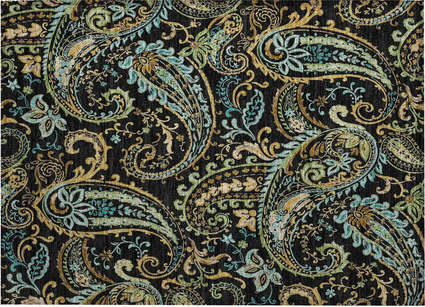 Black and Gold Paisley Washable Non Skid Indoor Outdoor Area Rug Photo 2
