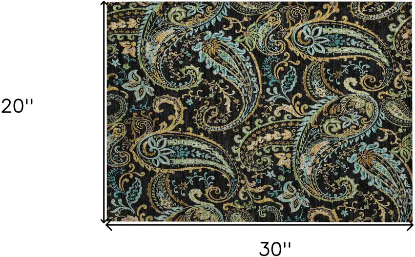 Black and Gold Paisley Washable Indoor Outdoor Area Rug Photo 3