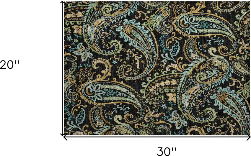 Black and Gold Paisley Washable Indoor Outdoor Area Rug Photo 3