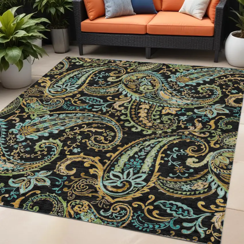 Black and Gold Paisley Washable Non Skid Indoor Outdoor Area Rug Photo 1