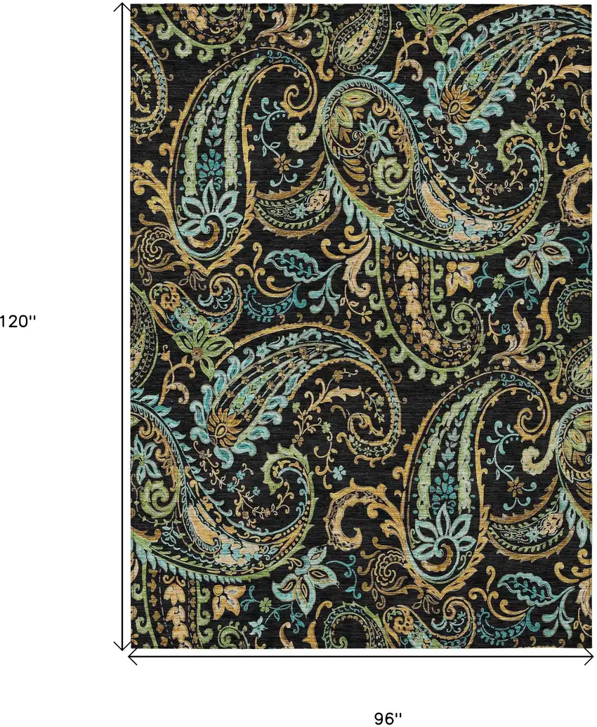 Black and Gold Paisley Washable Non Skid Indoor Outdoor Area Rug Photo 3