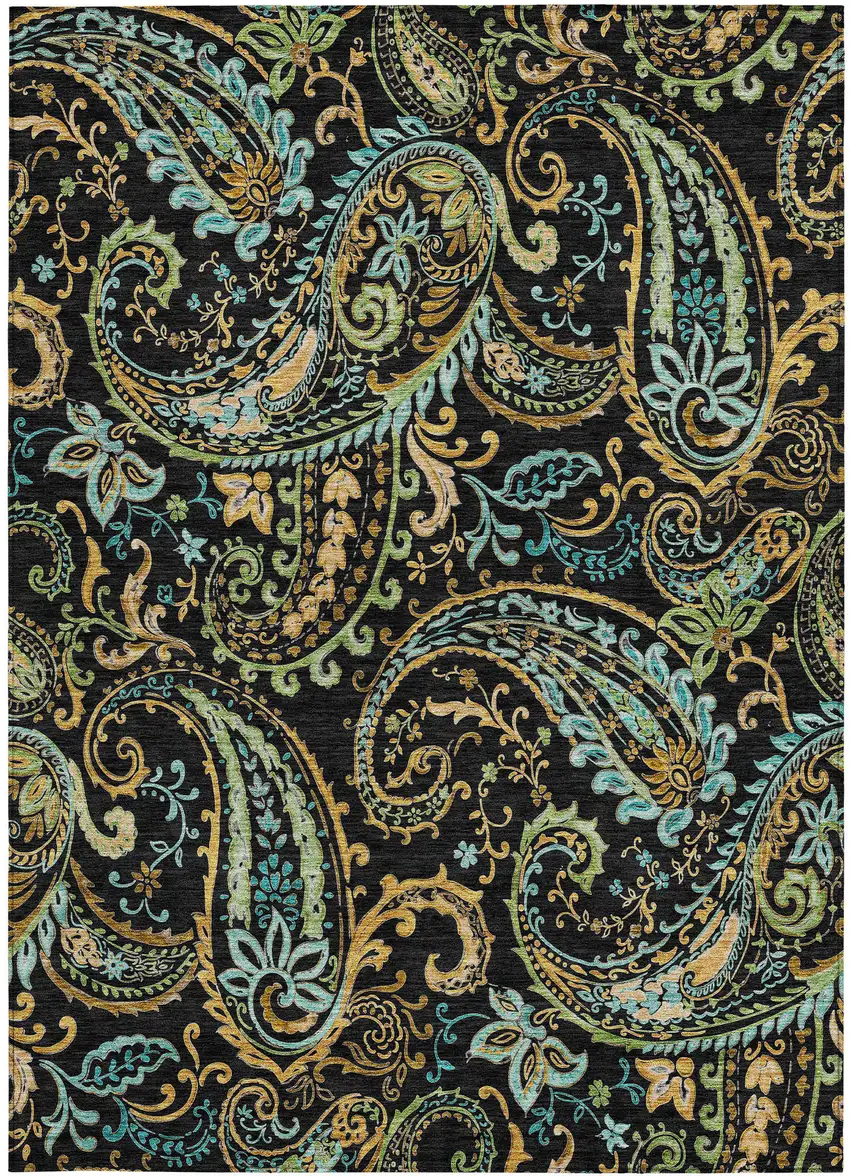 Black and Gold Paisley Washable Non Skid Indoor Outdoor Area Rug Photo 2