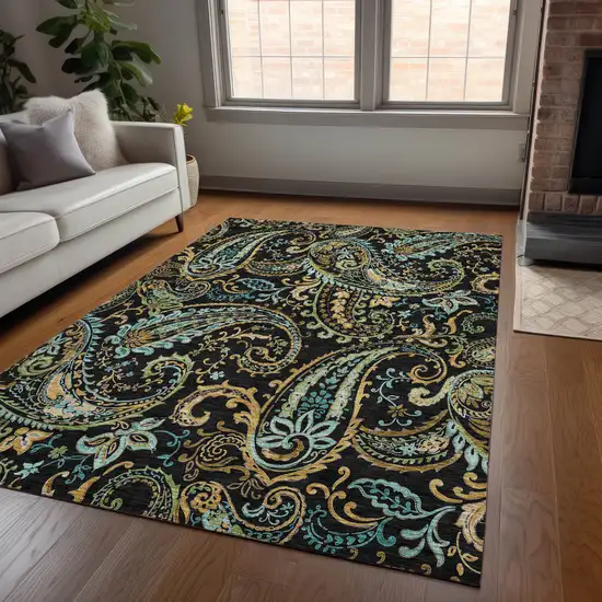 Black and Gold Paisley Washable Indoor Outdoor Area Rug Photo 8