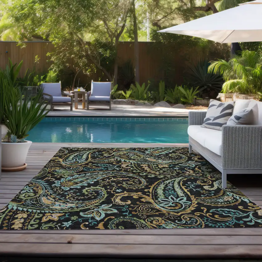 Black and Gold Paisley Washable Indoor Outdoor Area Rug Photo 9