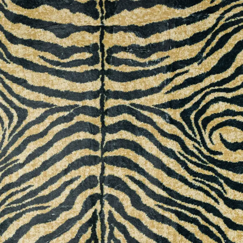 8' X 8' Black and Gold Round Animal Print Shag Handmade Non Skid Area Rug Photo 3