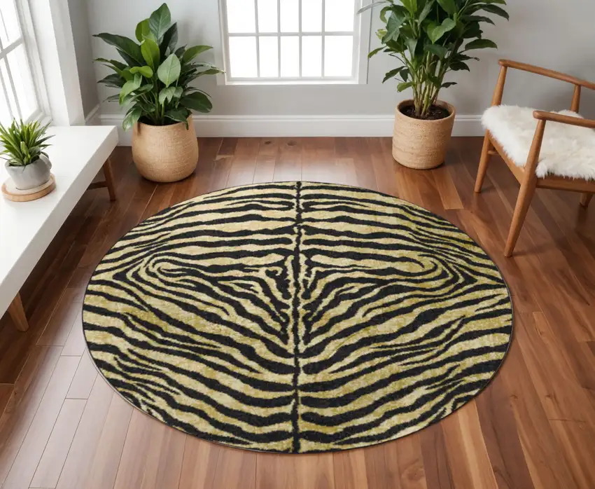 8' X 8' Black and Gold Round Animal Print Shag Handmade Non Skid Area Rug Photo 2