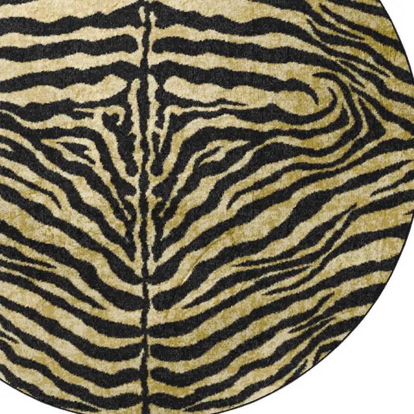 8' X 8' Black and Gold Round Animal Print Shag Handmade Non Skid Area Rug Photo 3