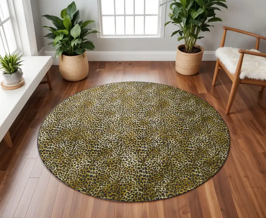 8' X 8' Black and Gold Round Leopard Print Shag Handmade Non Skid Area Rug Photo 1