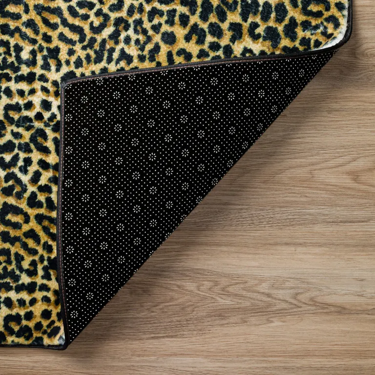 Black and Gold Round Leopard Print Shag Handmade Non Skid Area Rug Photo 2