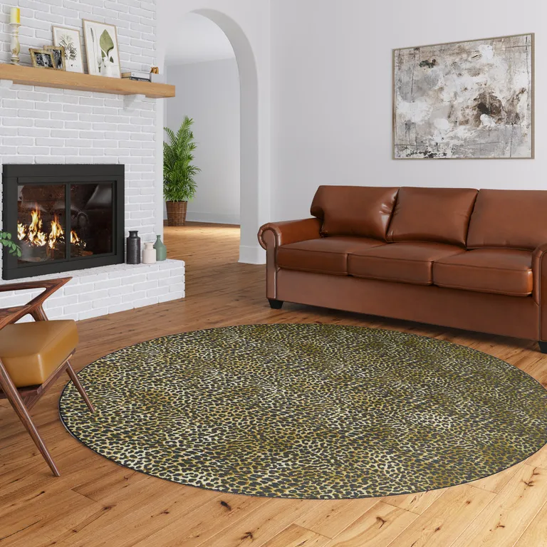 Black and Gold Round Leopard Print Shag Handmade Non Skid Area Rug Photo 1