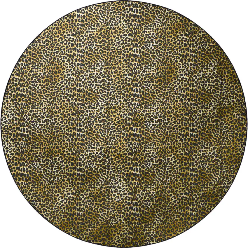 8' X 8' Black and Gold Round Leopard Print Shag Handmade Non Skid Area Rug Photo 5