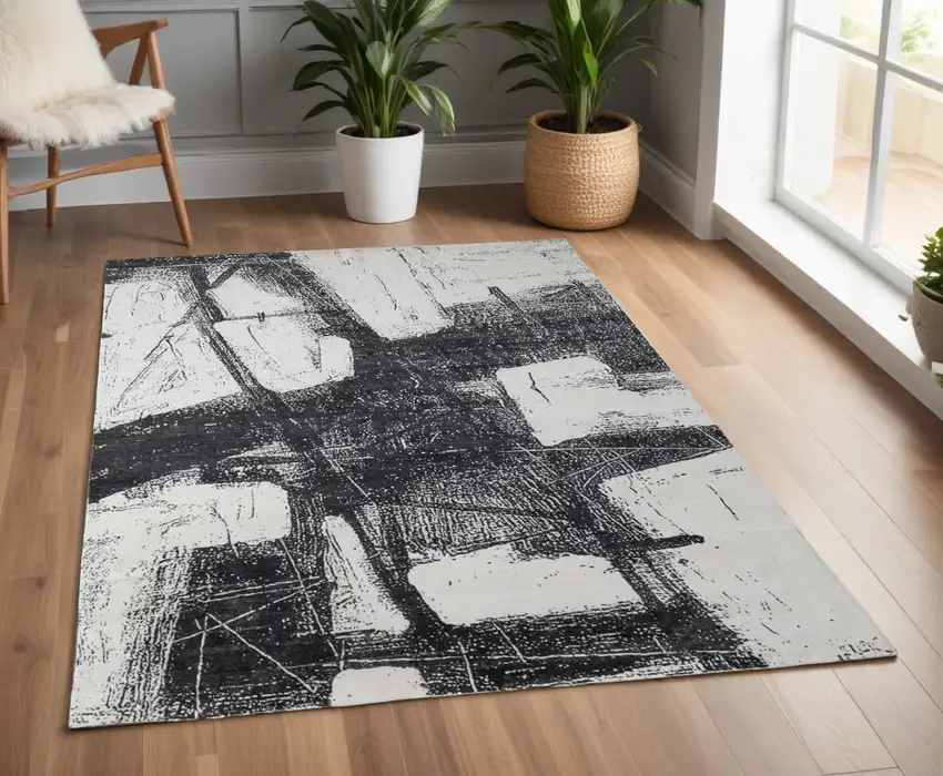 Black and Gray Abstract Hand Woven Area Rug Photo 1