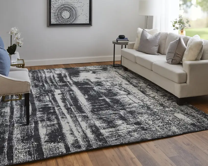 Black and Gray Abstract Hand Woven Area Rug Photo 4