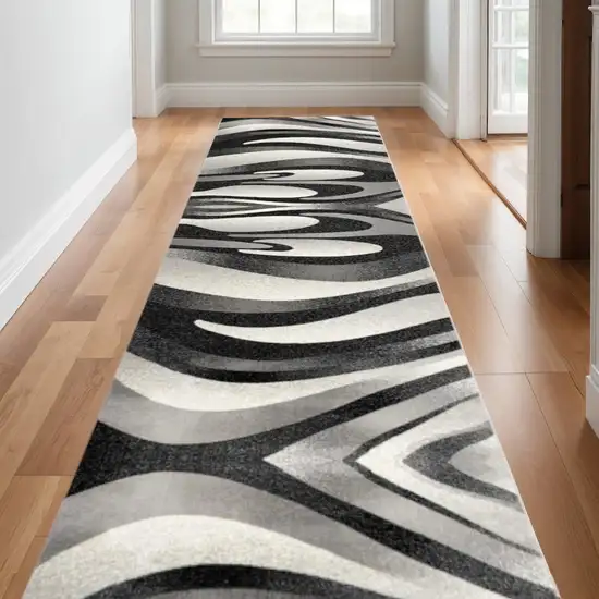 10' Black Gray and White Marble Power Loom Runner Rug Photo 1