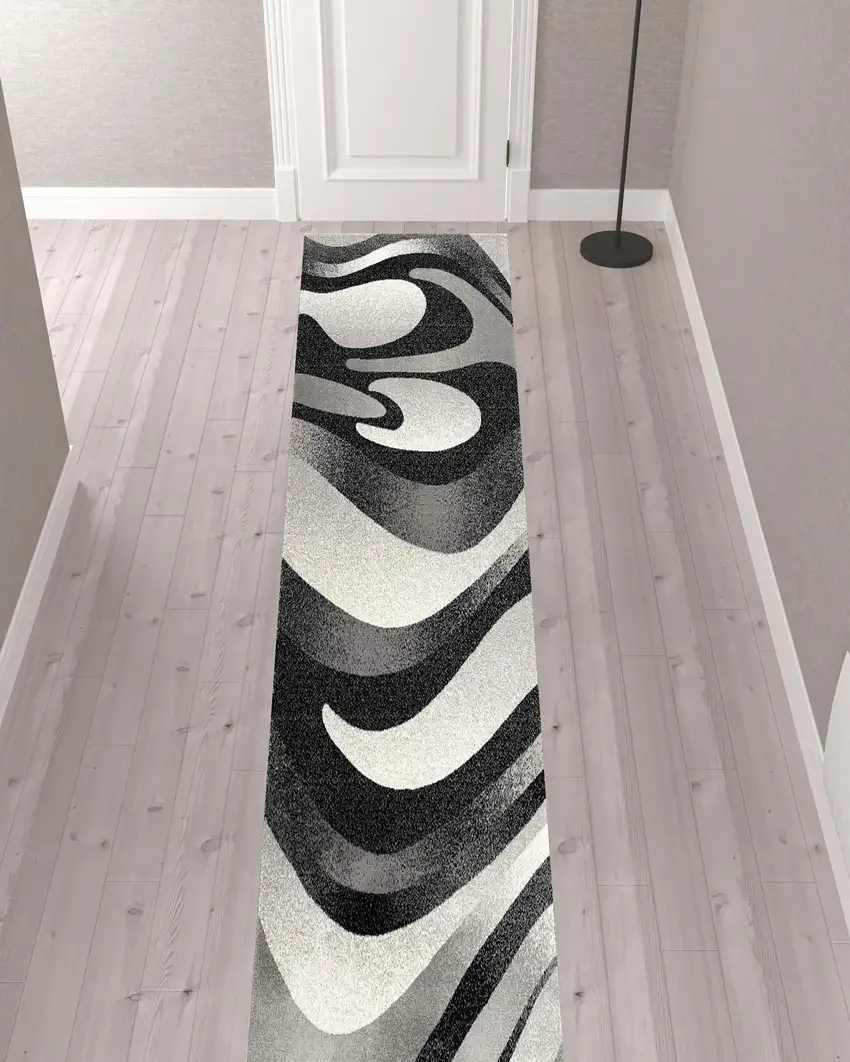 Black and Gray Abstract Marble Runner Rug Photo 9