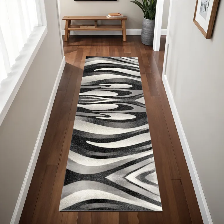 Black and Gray Abstract Marble Runner Rug Photo 5
