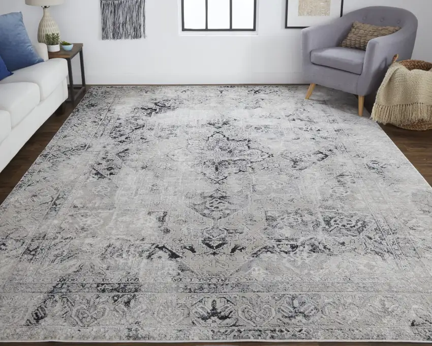 Black and Gray Abstract Power Loom Worn Faded Area Rug Photo 9
