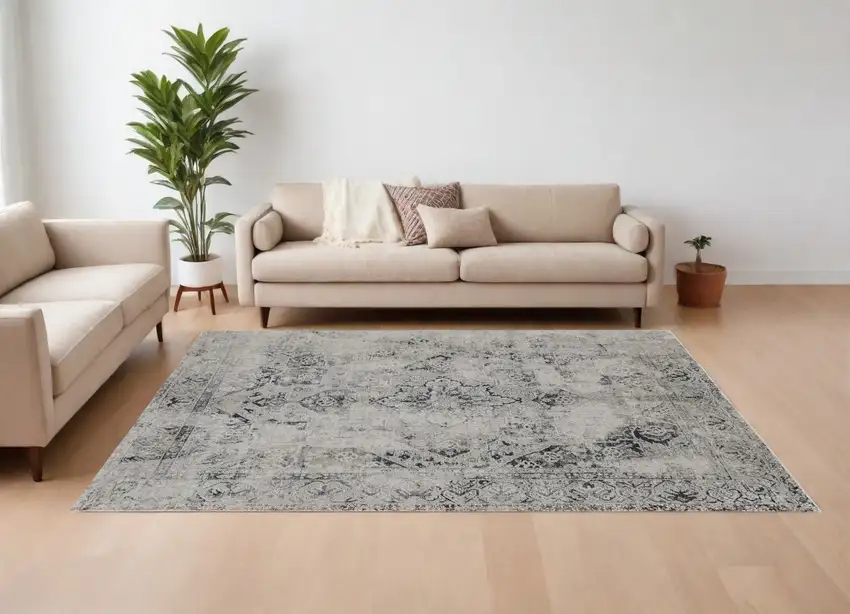 Black and Gray Abstract Power Loom Worn Faded Area Rug Photo 1