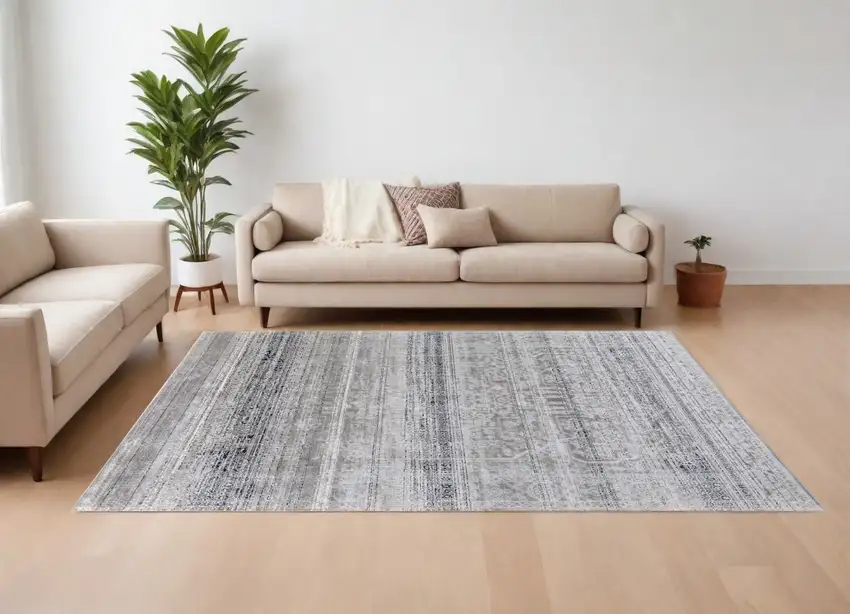 Black and Gray Abstract Power Loom Worn Faded Area Rug Photo 1