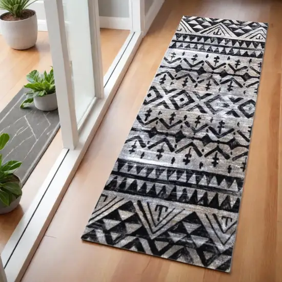 2' X 6' Black and Gray Aztec Washable Runner Rug Photo 1