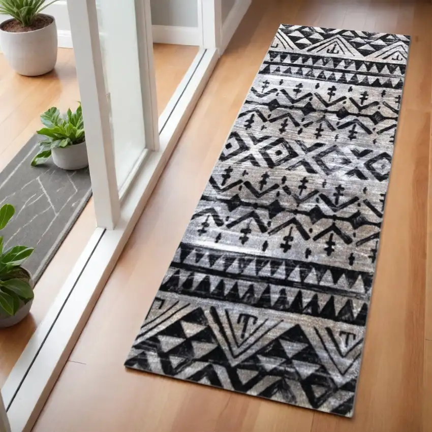 2' X 6' Black and Gray Aztec Washable Runner Rug Photo 1