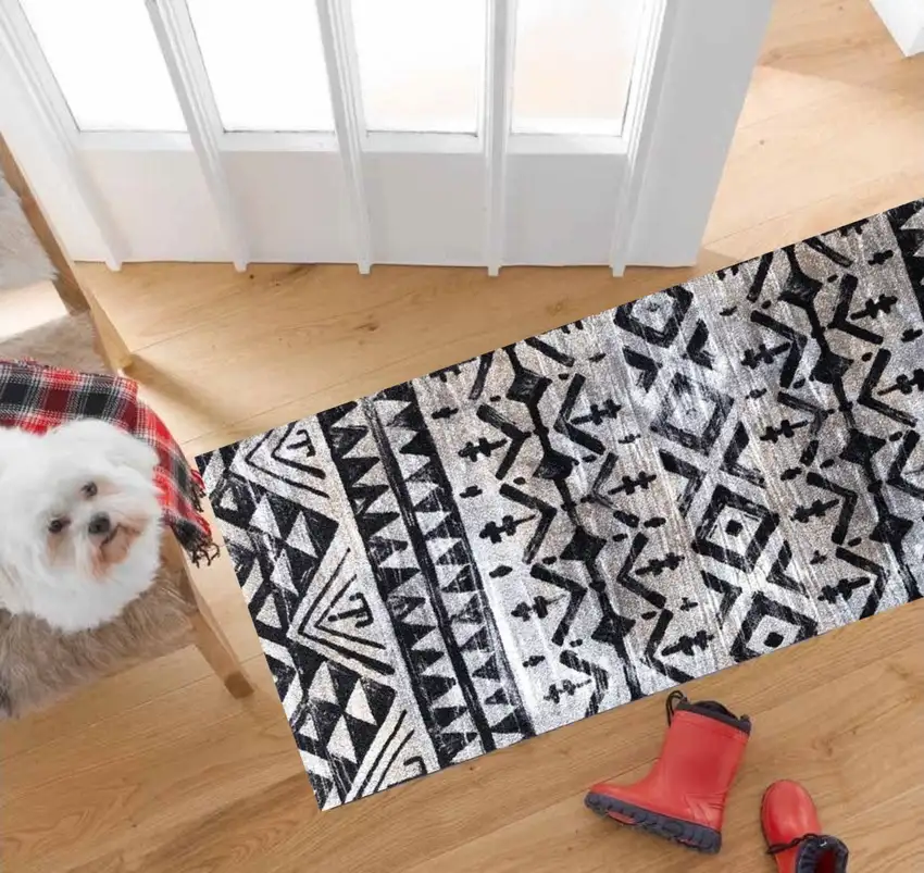 Black and Gray Aztec Washable Runner Rug Photo 3