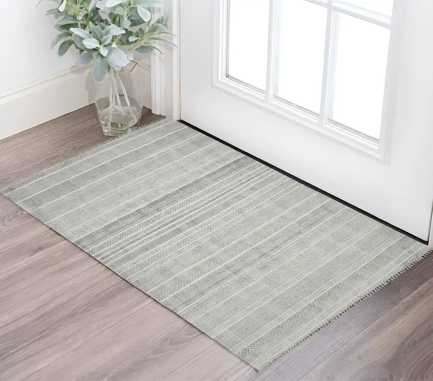 Ivory and Black Geometric Flatweave Handmade Worn Faded Area Rug With Fringe Photo 1