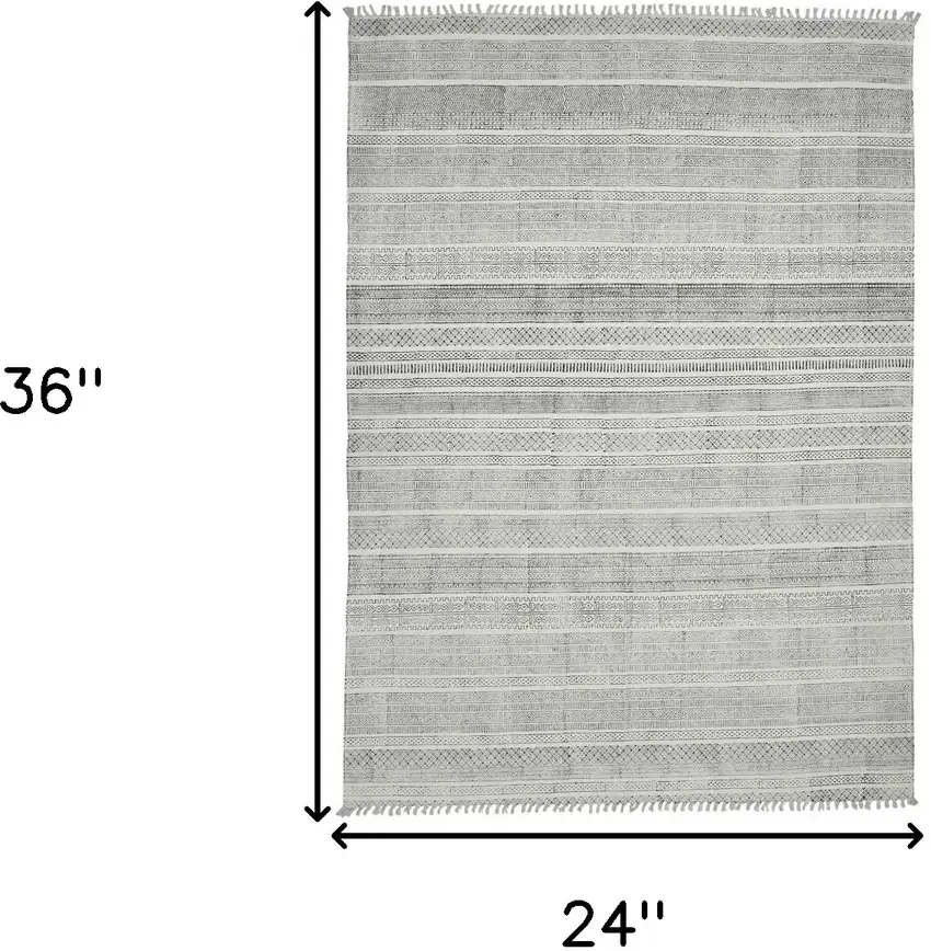 Black and Gray Geometric Flatweave Handmade Distressed Area Rug with Fringe Photo 7