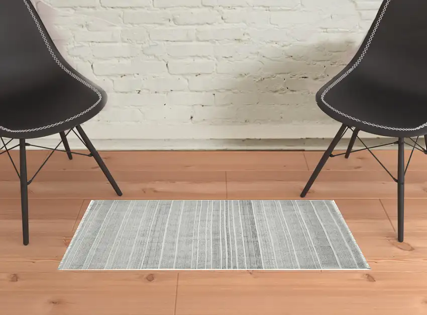 Black and Gray Geometric Flatweave Handmade Distressed Area Rug with Fringe Photo 2