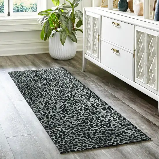 Black and Gray Leopard Print Shag Handmade Non Skid Runner Rug Photo 1