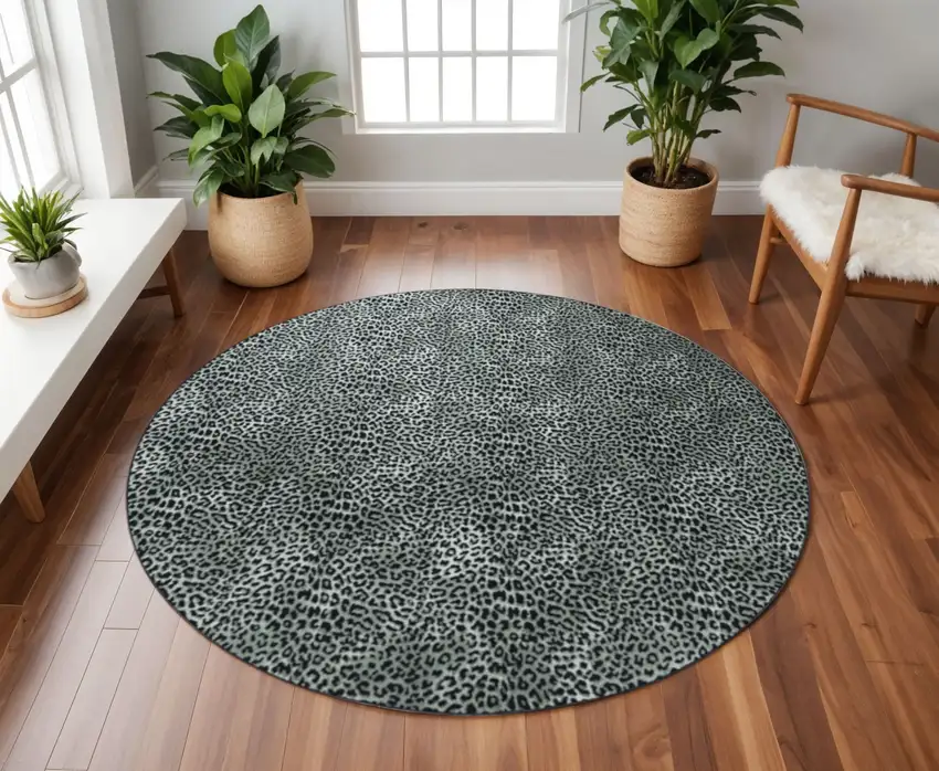 8' X 8' Black and Gray Leopard Round Shag Handmade Non Skid Area Rug Photo 1