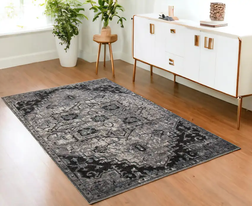 Black and Gray Medallion Power Loom Area Rug Photo 1