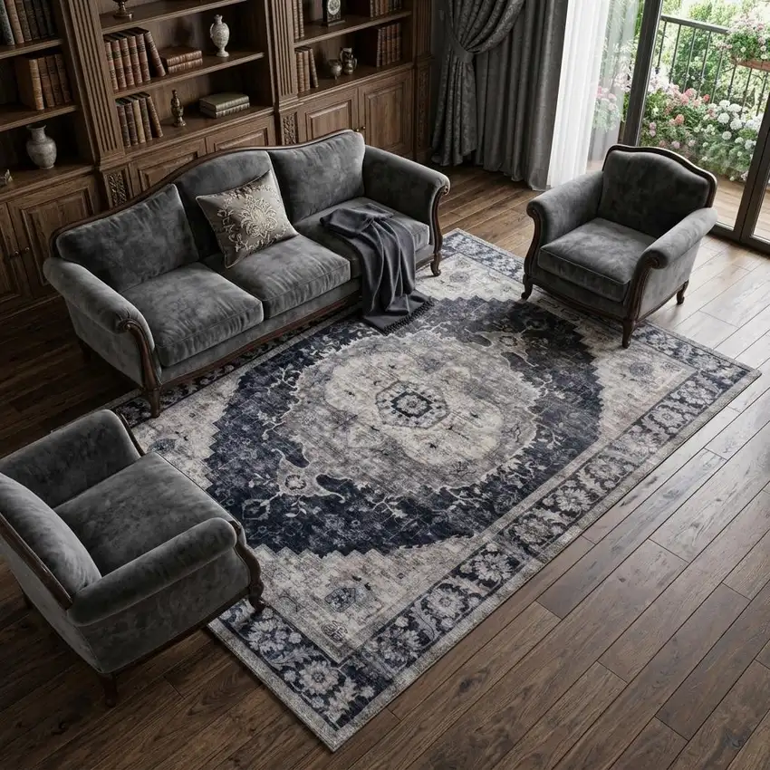 Black and Gray Oriental Area Rug Photo 1