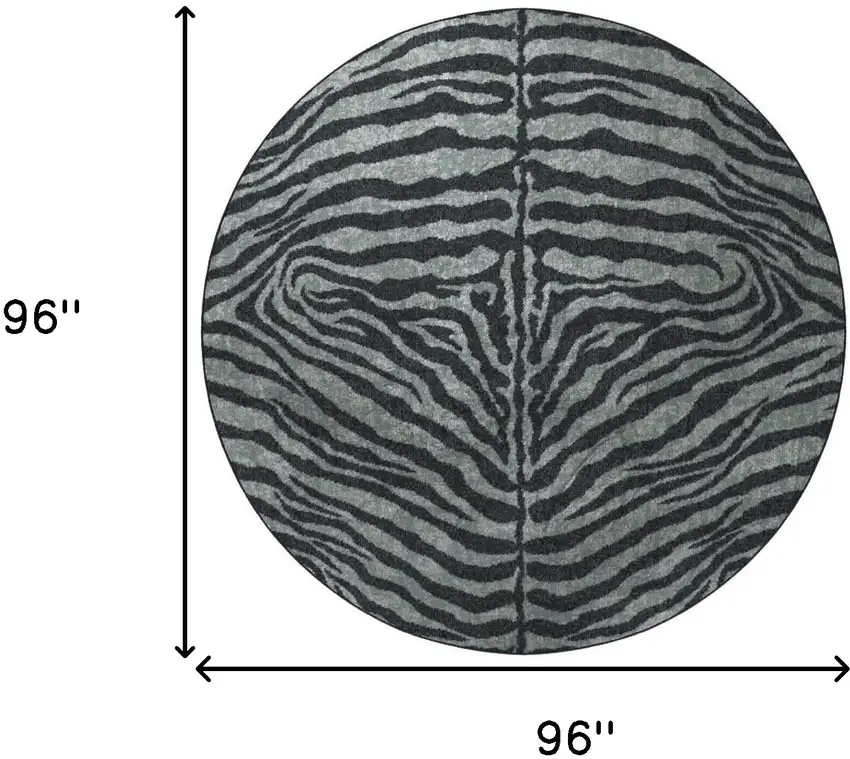8' X 8' Black and Gray Round Zebra Print Shag Handmade Non Skid Area Rug Photo 3