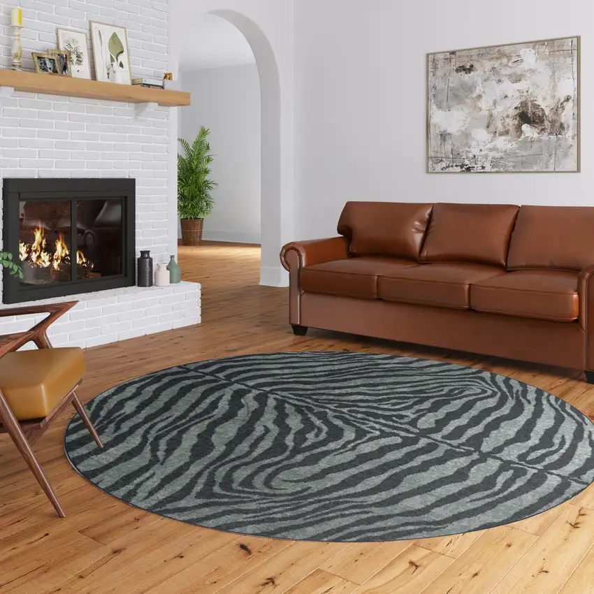 Black and Gray Round Zebra Print Shag Handmade Non Skid Area Rug Photo 1