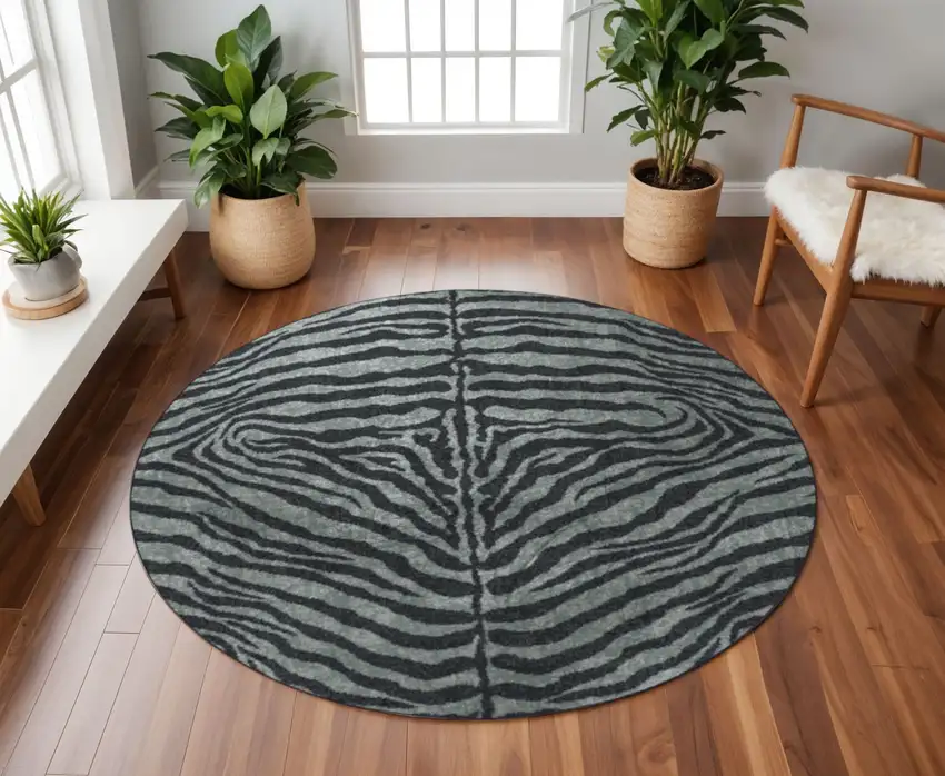 8' X 8' Black and Gray Round Zebra Print Shag Handmade Non Skid Area Rug Photo 1