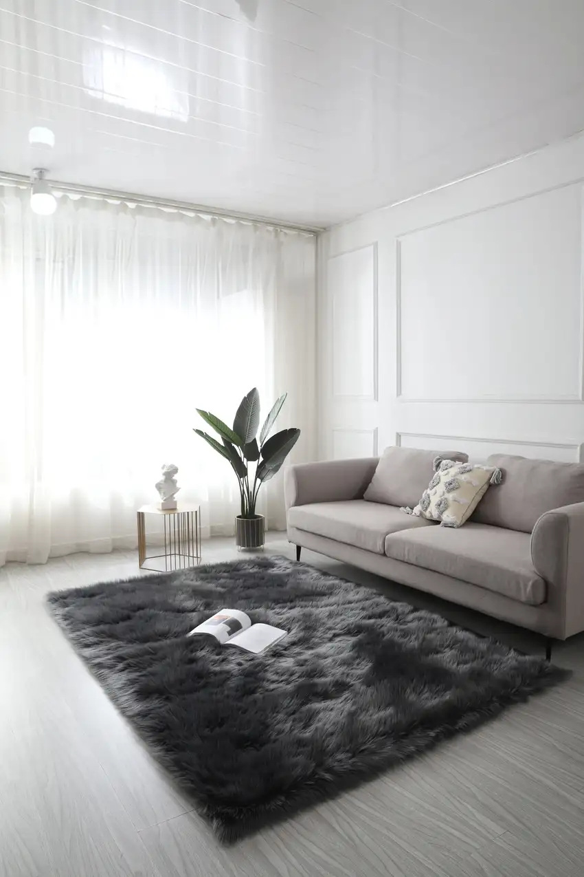 Black and Gray Shag Sheepskin Washable Area Rug Photo 9