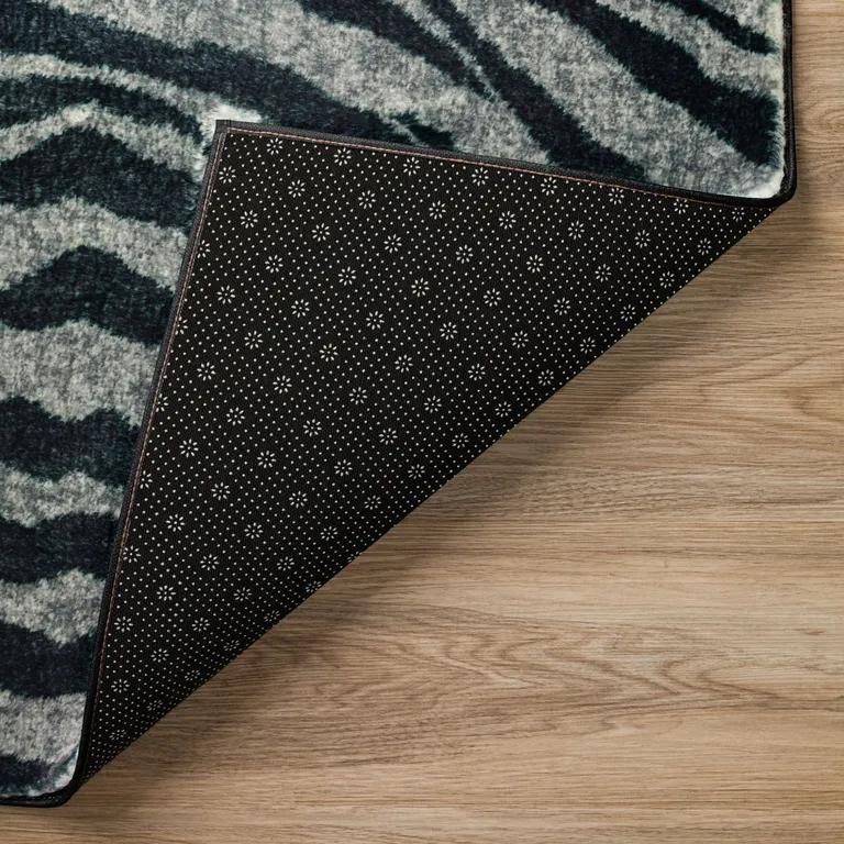 Black and Gray Zebra Print Shag Handmade Non Skid Area Rug Photo 3