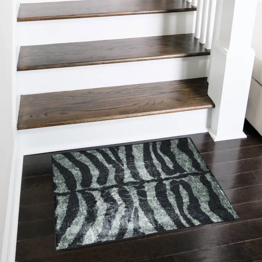 Black and Gray Zebra Print Shag Handmade Non Skid Area Rug Photo 1