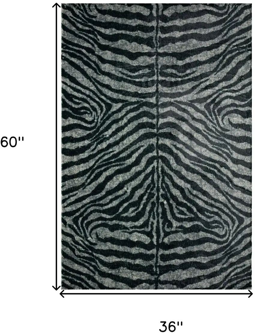 Black and Gray Zebra Print Shag Handmade Non Skid Area Rug Photo 7