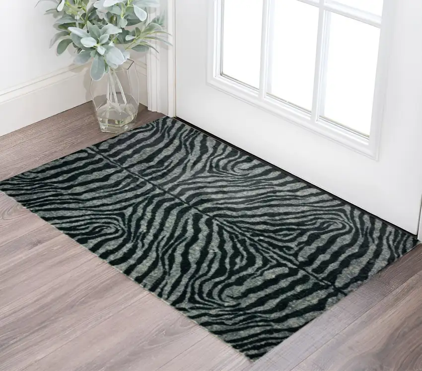 Black and Gray Zebra Print Shag Handmade Non Skid Area Rug Photo 1