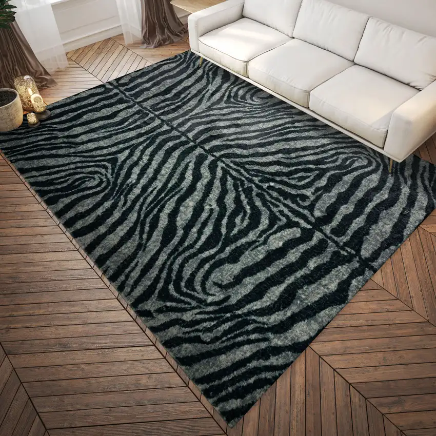 Black and Gray Zebra Print Shag Handmade Non Skid Area Rug Photo 1