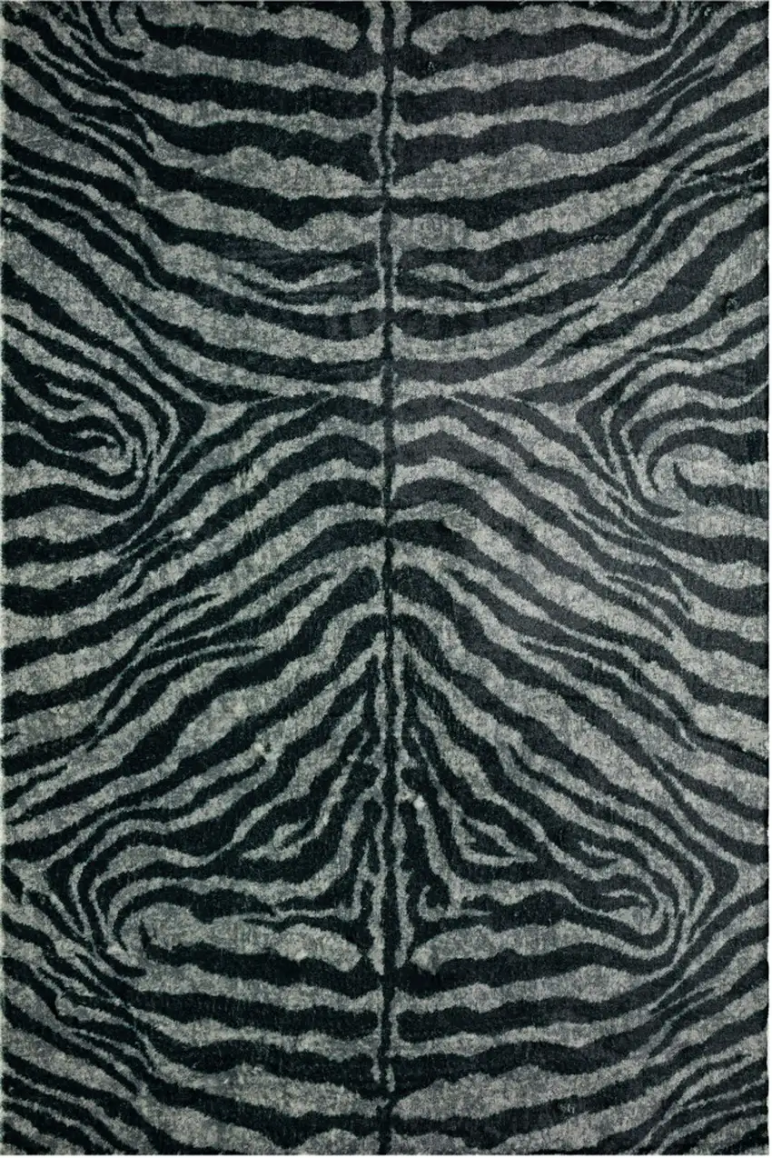 Black and Gray Zebra Print Shag Handmade Non Skid Area Rug Photo 5