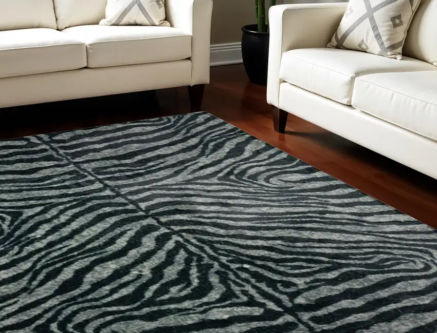 Black and Gray Zebra Print Shag Handmade Non Skid Area Rug Photo 1