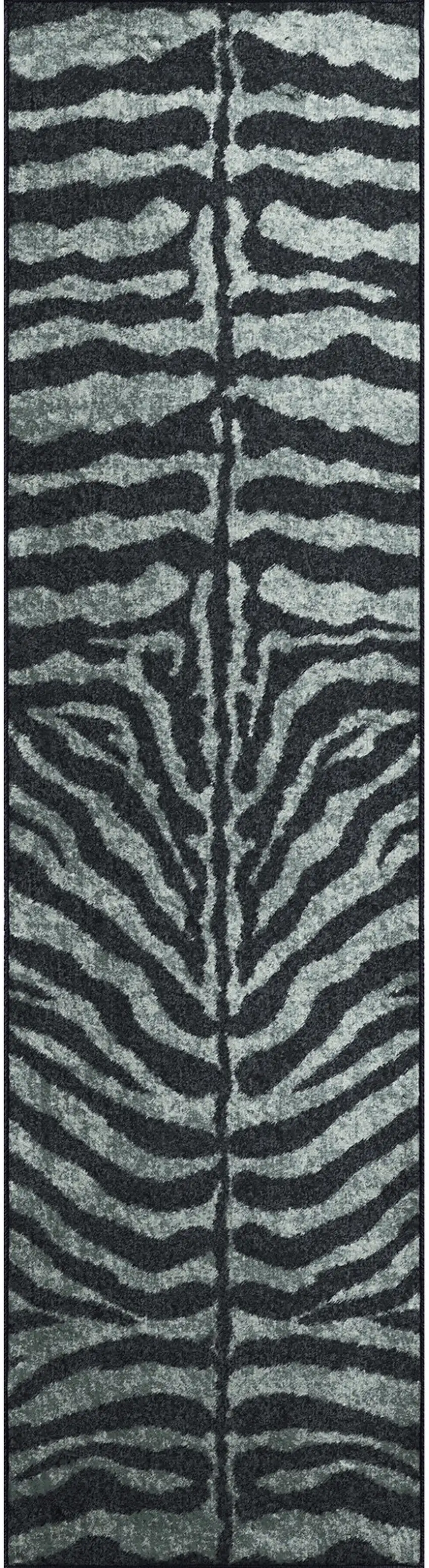 Black and Gray Zebra Print Shag Handmade Non Skid Runner Rug Photo 5